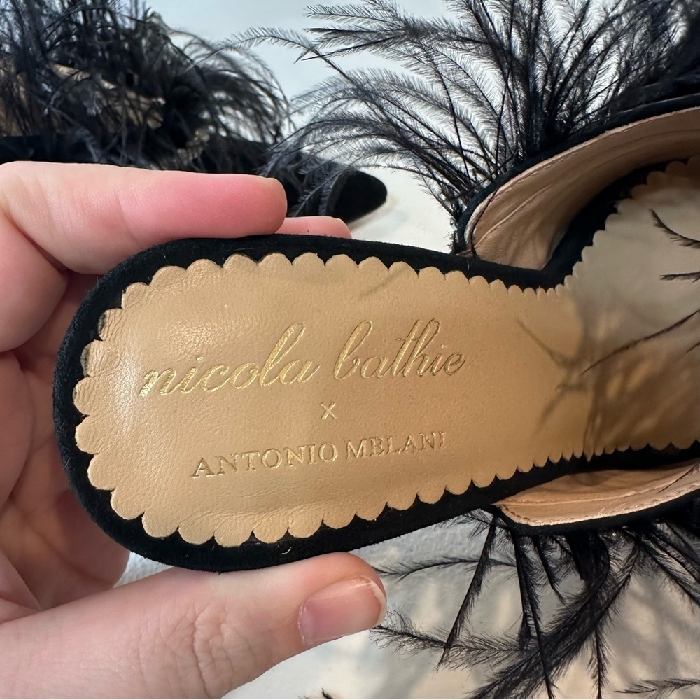 Antonio Melani x Nicola Bathie Black Liz Ostrich Feathers Rhinestone Mules 7.5 - Picture 5 of 6